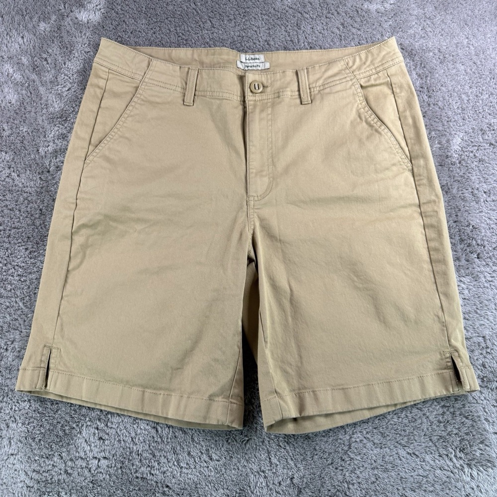 L.L.Bean Favorite Fit Shorts Womens 14 Khaki 9 Inseam Organic Cotton Stretch